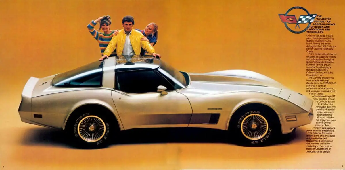 1982 Chevrolet Corvette C3 Collector Edition in official GM advertisement featuring exclusive Silver Beige Metallic paint