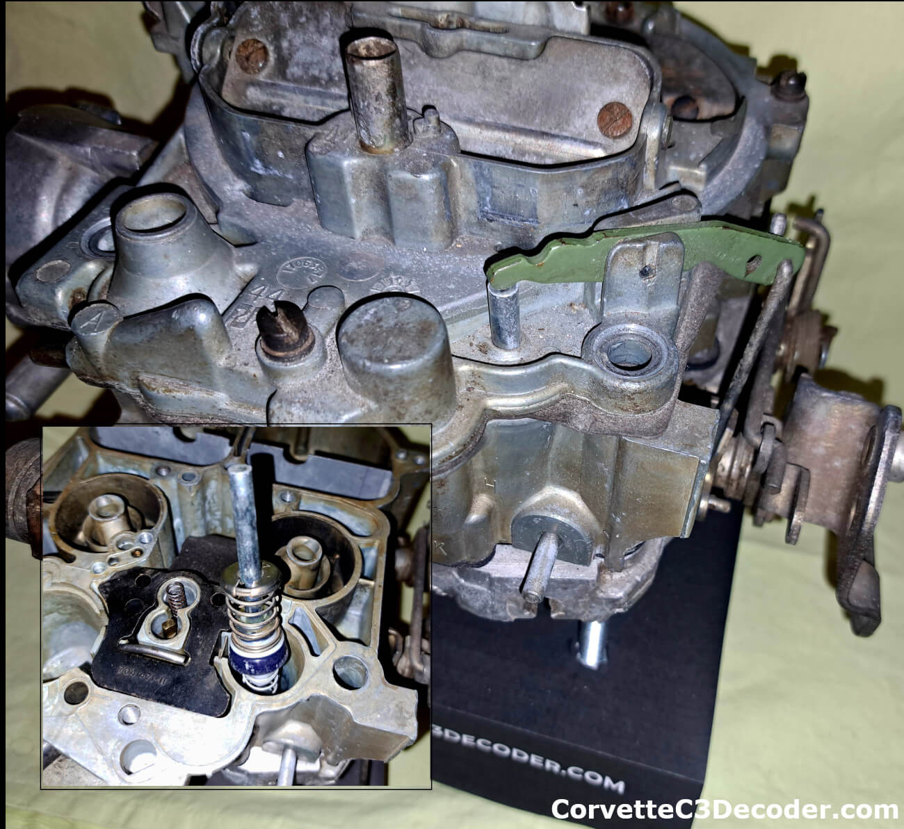 Accelerator Pump and Lever in a Quadrajet Carburetor Accelerator pump and lever (green) that provide an extra burst of fuel during rapid throttle movement in a Quadrajet carburetor.