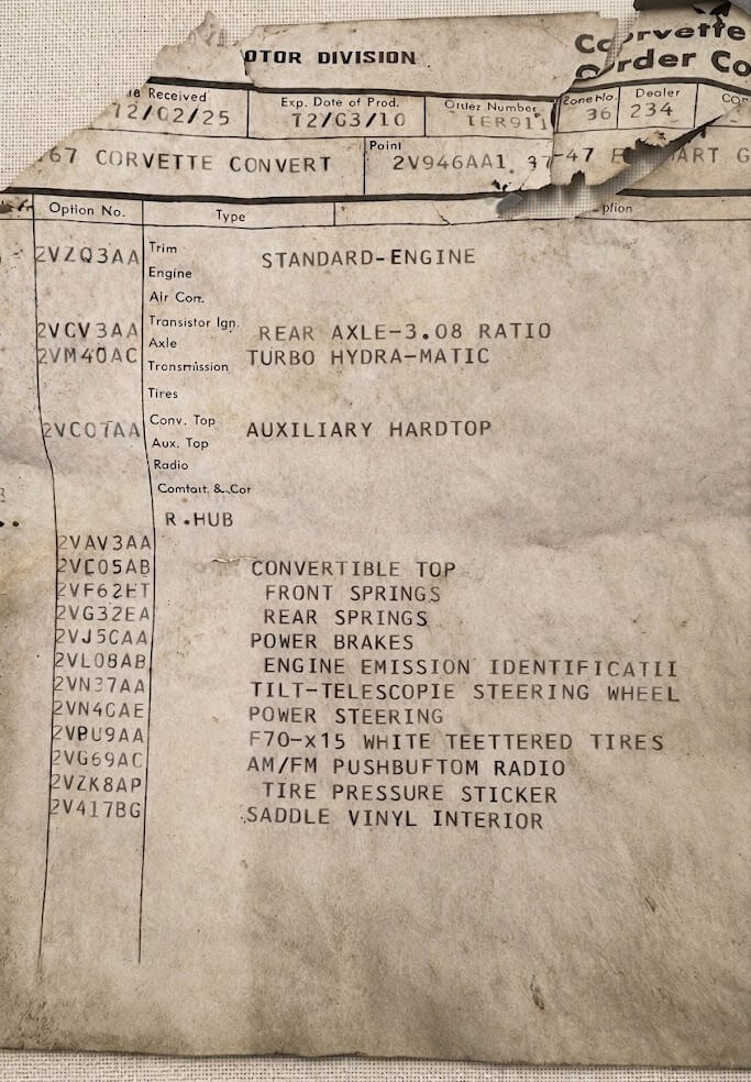 Original Corvette C3 tank sticker showing VIN and factory RPO codes