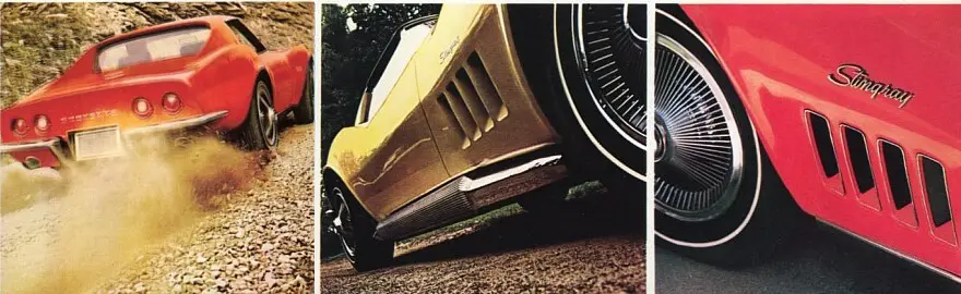 969 Corvette – GM Brochure Images Three images of the 1969 Corvette, showcasing its classic design and key features from the GM brochure.