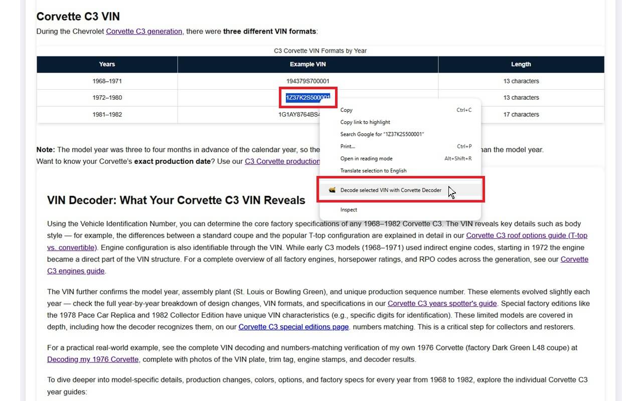 Chrome right-click context menu showing the 'Decode selected VIN with Corvette Decoder' option