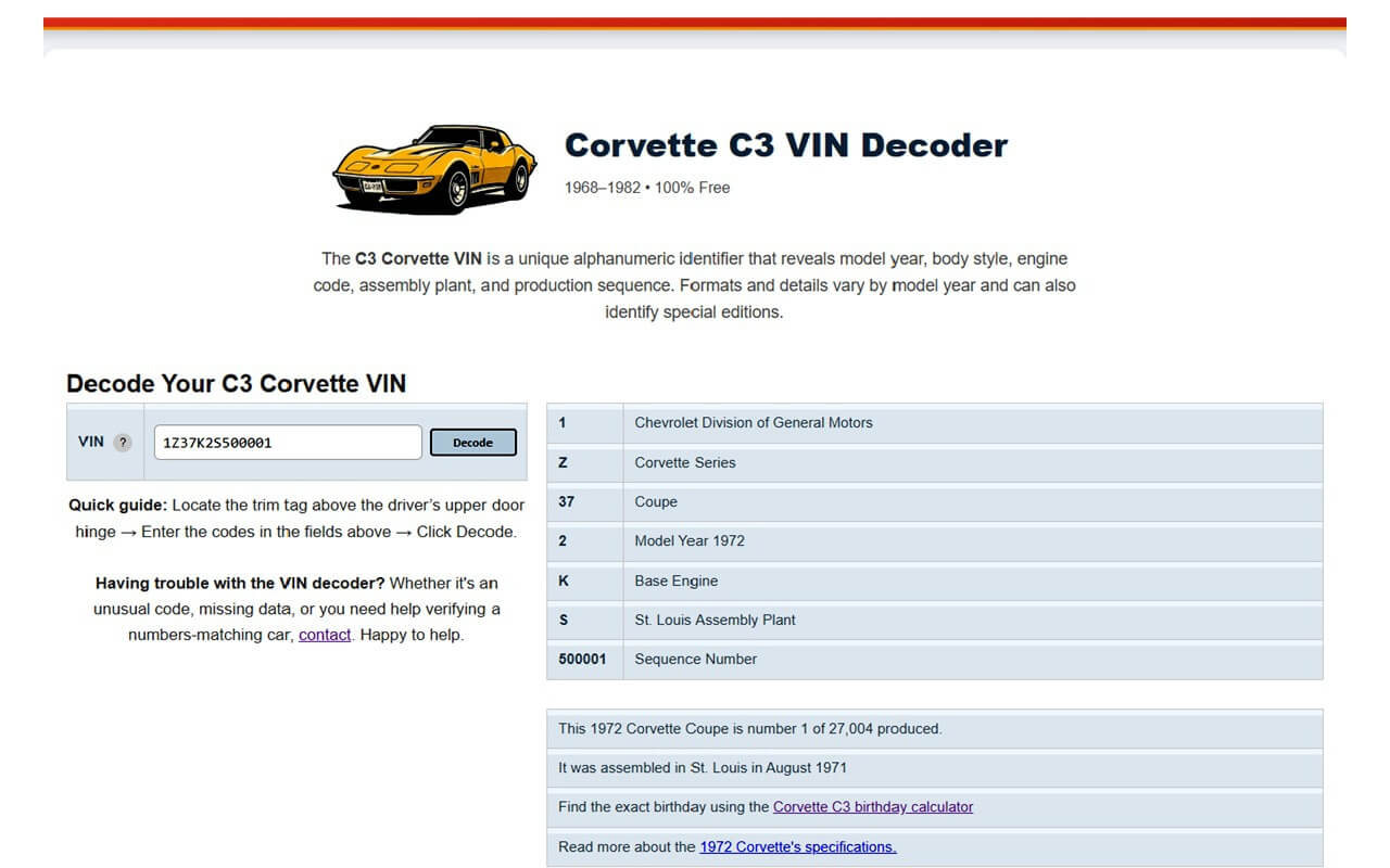 Corvette VIN decode result page opened automatically by the Corvette VIN Decoder Chrome extension