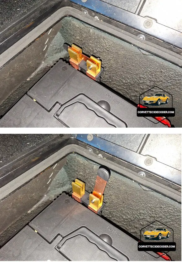 1976 Corvette C3 battery disconnect switch — open and closed positions Lever-style battery disconnect switch installed on a 1976 Chevrolet Corvette C3, showing both open and closed blade positions for safety isolation
