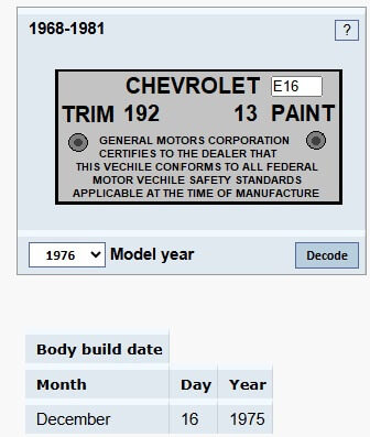1976 Corvette C3 build date from Birthday Calculator Screenshot of the Corvette C3 Birthday Calculator showing the December 16, 1975 build date for a 1976 Chevrolet Corvette