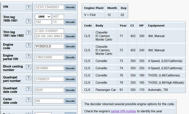 1976 Corvette C3 engine code decoder results Engine code decoder results for a 1976 Chevrolet Corvette C3 showing L48 180hp engine with automatic transmission