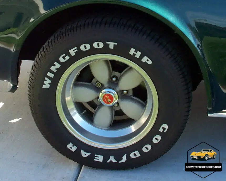 Close-up of aged Goodyear Wingfoot HP tire on a 1976 Chevrolet Corvette C3 Close-up of original aged Goodyear Wingfoot HP tire on a 1976 Chevrolet Corvette C3