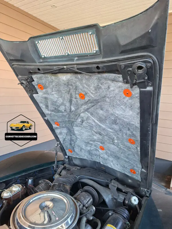 1976 Chevrolet Corvette C3 hood underside with newly installed fiberglass insulation and retainer pins