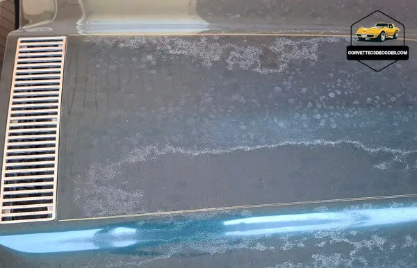 1976 Chevrolet Corvette C3 hood with heat-related paint damage and clear coat discoloration