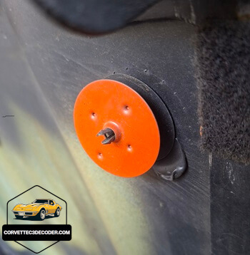 Close-up of 1976 Chevrolet Corvette C3 hood retainer pin used for insulation mounting
