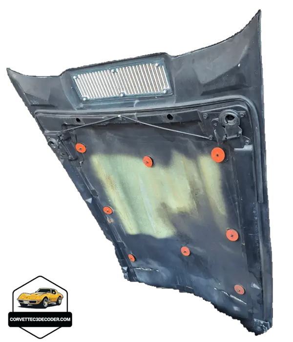 1976 Chevrolet Corvette C3 hood without factory insulation, showing original fiberglass underside