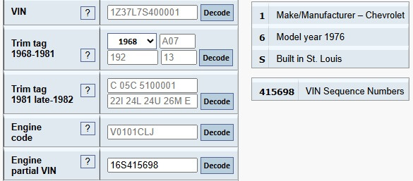 1976 Corvette C3 partial VIN decoder results Decoder results showing the partial VIN details of a 1976 Chevrolet Corvette C3, including model year, plant code, and sequence number