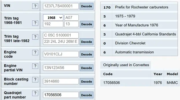 1976 Corvette C3 Quadrajet carburetor decoder results Decoder results showing the Quadrajet carburetor details for a 1976 Chevrolet Corvette C3, confirming California emissions specification with automatic transmission