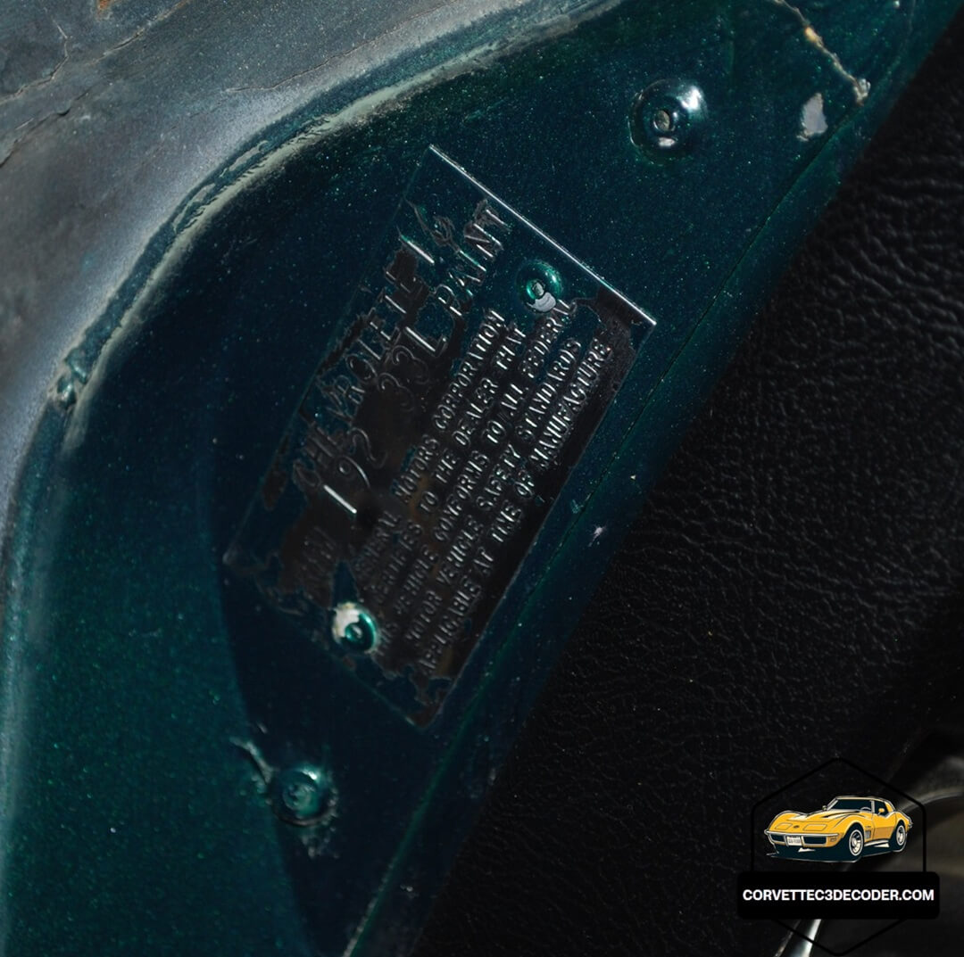1976 Corvette C3 Trim Tag location and details Close-up photo of the 1976 Chevrolet Corvette C3 Trim Tag on the driver’s side door hinge pillar, showing original paint and interior codes